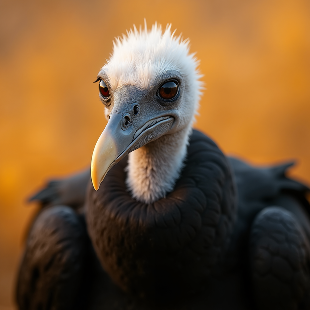 Close-up of a vulture with a blurred orange background