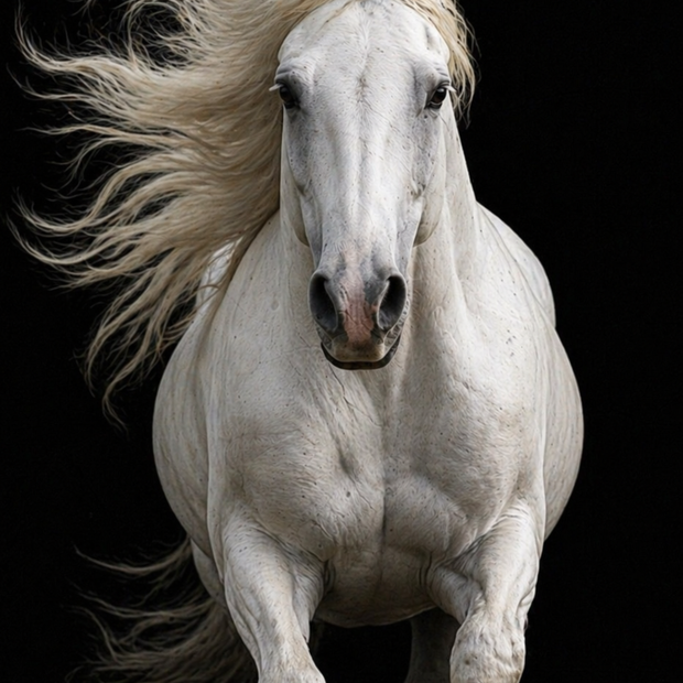 White horse with flowing mane on a black background