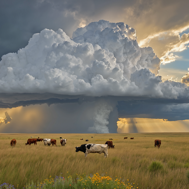 Cows grazing in a field with a large storm cloud overhead
