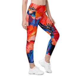 A model wearing high-waisted leggings with a vibrant abstract paint-splatter pattern in red, orange, blue, and black, paired with white sneakers against a plain white background.