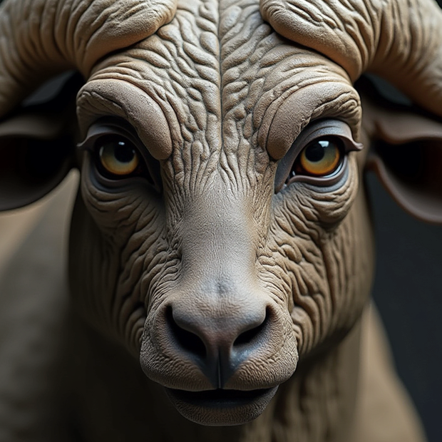 Close-up of a Wildebeest face with detailed texture on a dark background