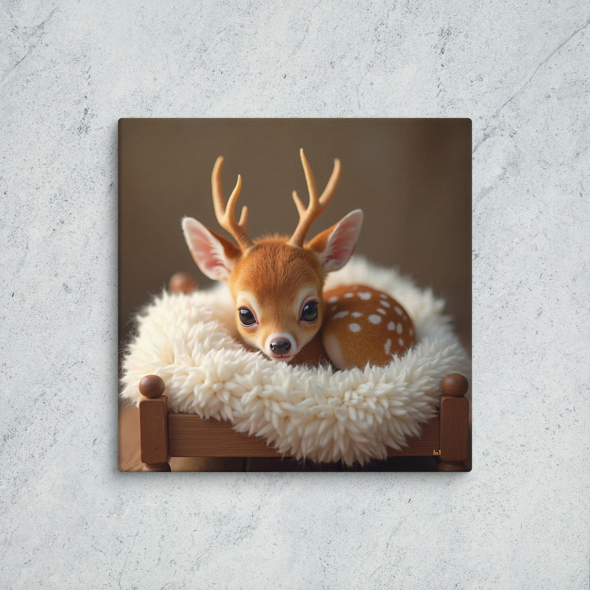 Fawn lying on a fluffy pillow with a wooden frame against a textured wall.