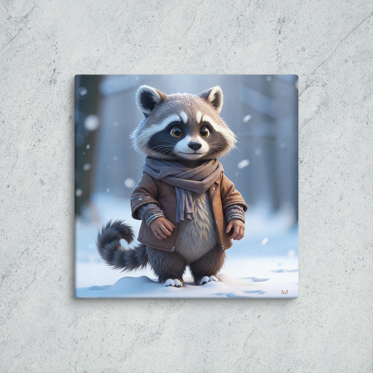Illustration of a raccoon in a coat and scarf standing in a snowy forest on a textured wall.