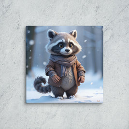 Illustration of a raccoon in a coat and scarf standing in a snowy forest on a textured wall.