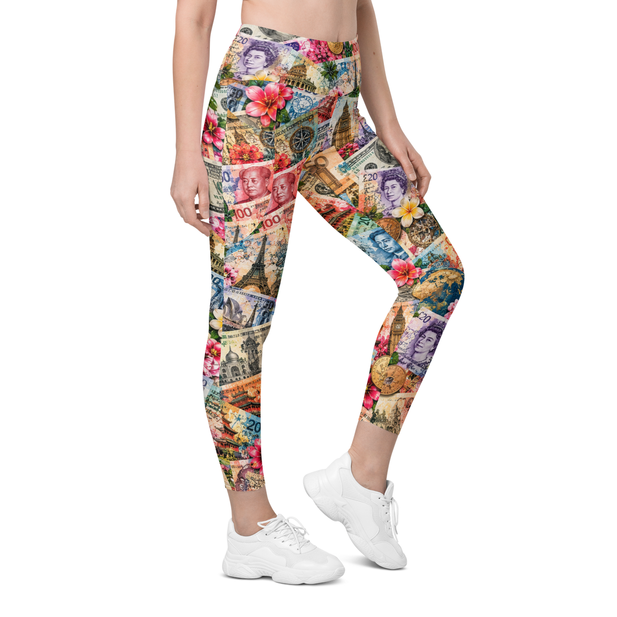 A model wearing high-waisted leggings with a vibrant, multicolor collage print of banknotes, flowers, and travel landmarks, paired with white sneakers against a plain white background.