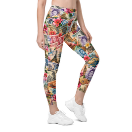 A model wearing high-waisted leggings with a vibrant, multicolor collage print of banknotes, flowers, and travel landmarks, paired with white sneakers against a plain white background.