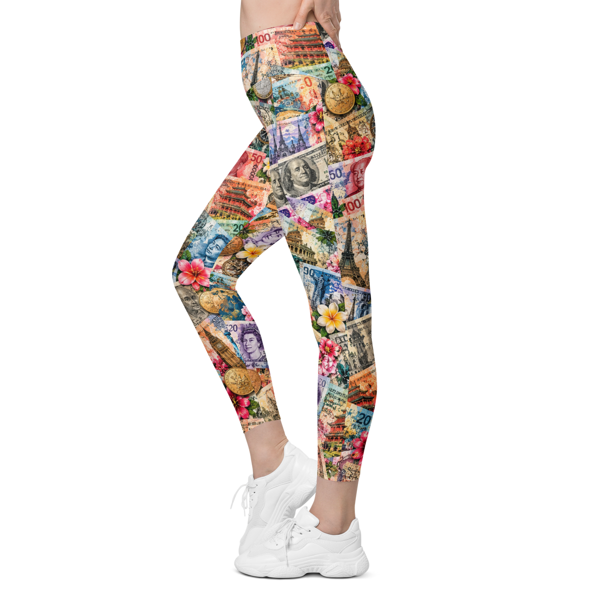 World Currency Design on leggings for women