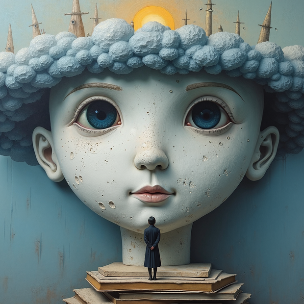 Large head of a young child with blue eyes with a person standing on books against a blue background
