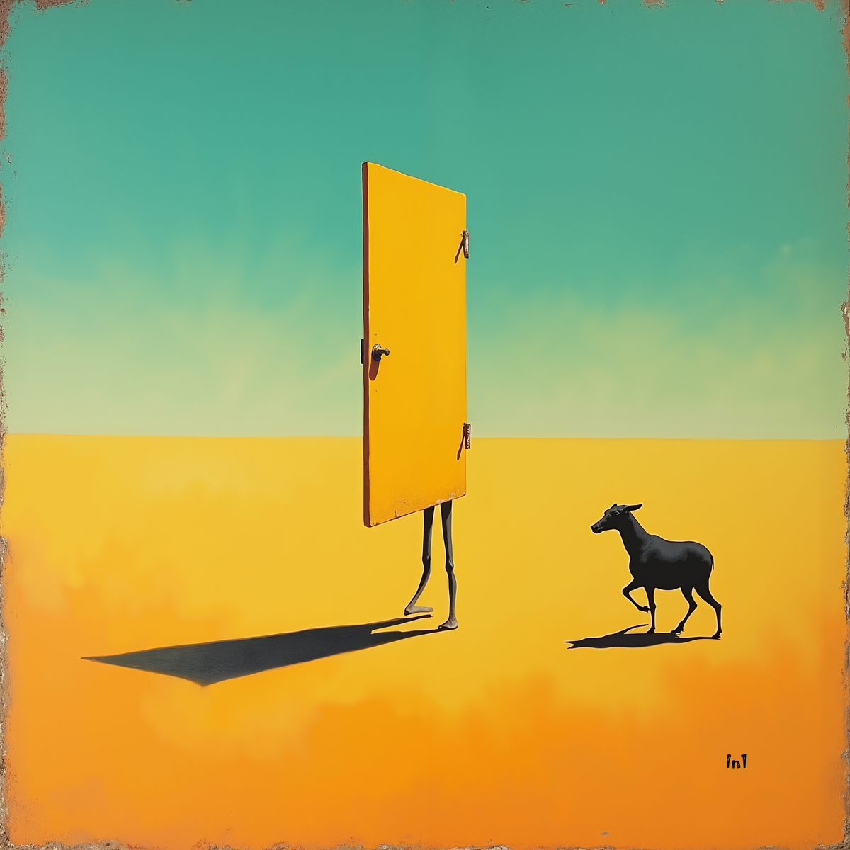 Surreal artwork of a person with a large yellow door for a head, standing next to a goat on a yellow ground with a blue-green sky.