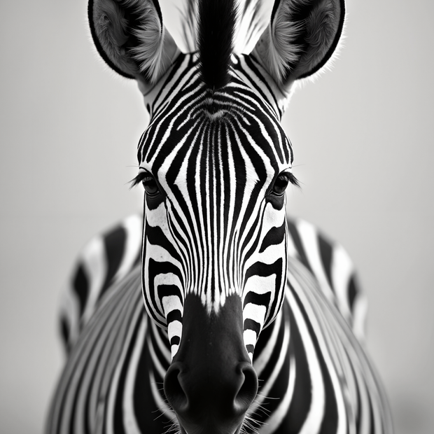 Black and white zebra portrait against a gray background